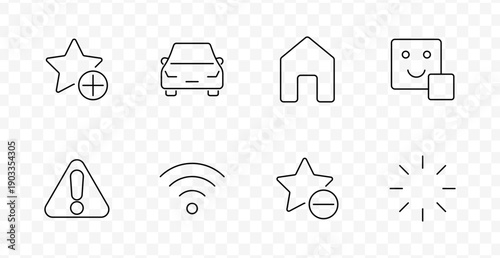 User rating set icon. Star add, car front, house, emoji face, alert triangle, wifi, star remove, brightness drawn in outlined style with transparent background