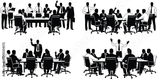 Four groups of people in business attire sitting around rectangular tables in a meeting setting with some individuals raising their hands