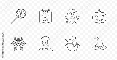 Halloween celebration set icon. Line icons showing lollipop, October 31 calendar, ghost, jack-o-lantern, spider web, tombstone, bubbling cauldron, witch hat