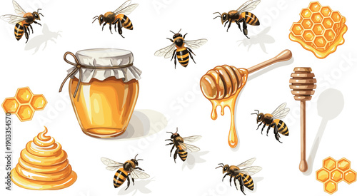 Honey Jar Honeycomb and Flying Bees Vector Set Sweet Nectar Illustration
