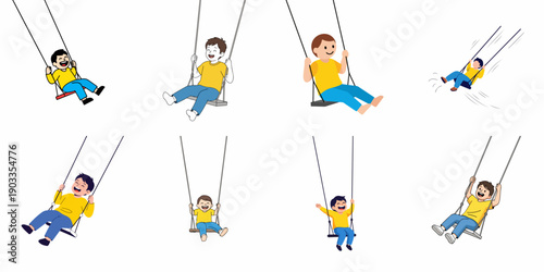 Collection of happy young boys swinging illustrations, showing joyful childhood activity, energy, and motion on a playground swing set.