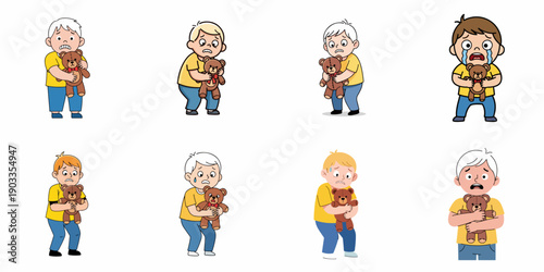 Collection of scared and anxious little boys hugging teddy bears tightly, illustrating childhood fear, sadness, and emotional distress vector set.