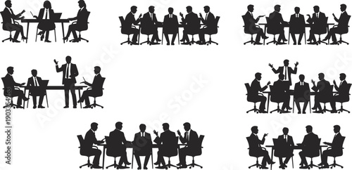 Silhouettes of people in business meetings and discussions around tables in various settings