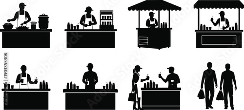 Silhouettes of people preparing and serving food at various market stalls and interacting with customers