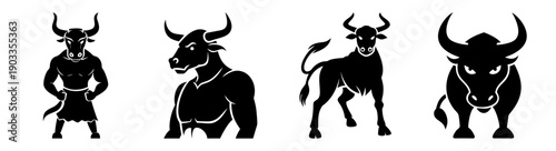 Four black bulls in aggressive fighting poses isolated on white background vector illustration