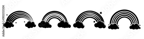 Row of black umbrellas with colorful rainbows against white background minimalist design