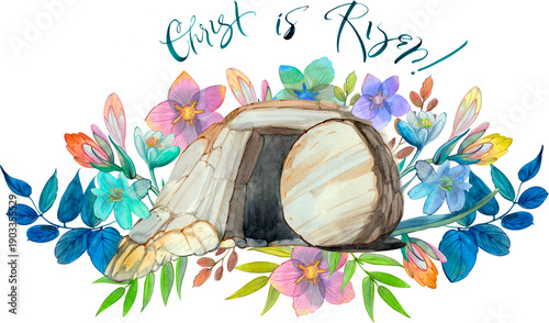 Foto Hand drawn watercolor angels and colorful Easter eggs in green grass on transparent background