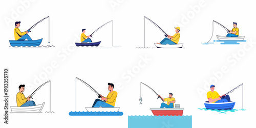 Collection of minimalist vector illustrations showing men enjoying the hobby of fishing from small boats on the water, featuring various styles and actions.