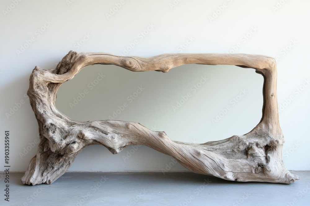 Fototapeta premium selective focus close up of driftwood framed floor mirror in minimal room