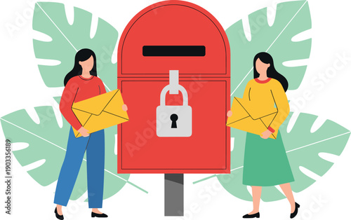 Two women holding envelopes standing next to a red mailbox with a white lock and key woman