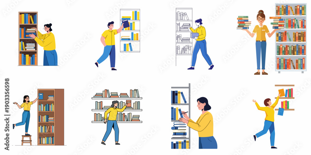 Fototapeta premium People organizing, searching, and managing books on shelves. Flat vector illustration set showing library activities, reading, and learning.
