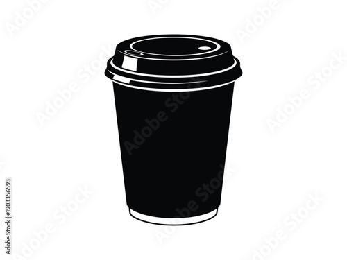 Simple black and white illustration of a disposable coffee cup with a lid, for takeaway drinks