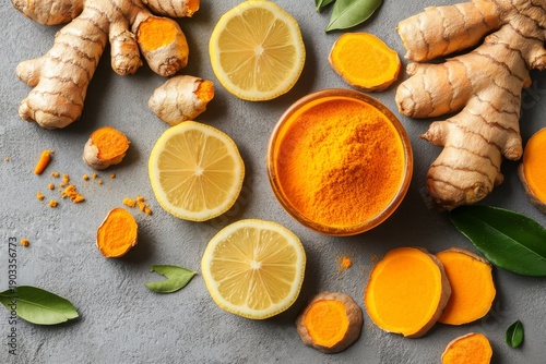 selective focus ginger root turmeric and lemon slices for immunity blend