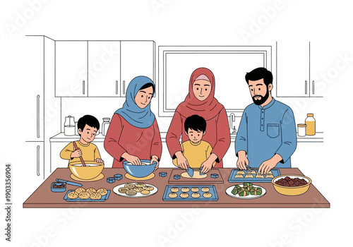 Family Gathering Around Kitchen Table Preparing Traditional Meal Together