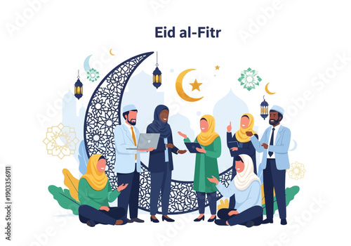 Celebrating Eid al-Fitr with diverse group gathered around crescent moon