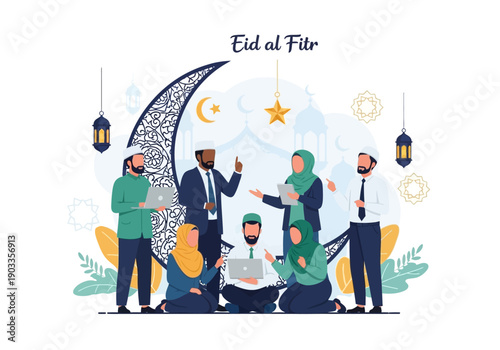 Diverse group celebrating Eid al Fitr under crescent moon and stars illustration