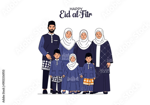 A family of six people dressed in traditional clothing celebrating Eid al-Fitr together in a joyful illustration