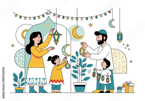 Family decorating home with lanterns and crescent moon for festive celebration together