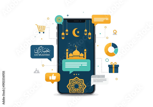 Mobile phone displaying Islamic symbols and icons, including mosque and crescent moon, surrounded by various digital elements on a dark blue background is not described