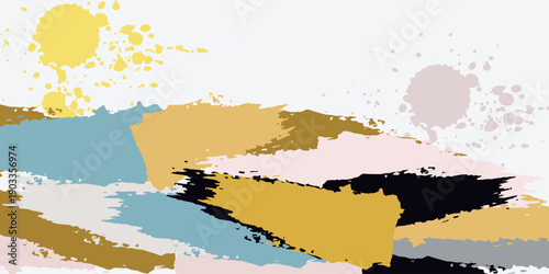 Watercolor art background vector. Wallpaper design with paint brush and gold line art. Earth tone blue, pink, ivory, beige watercolor Illustration for prints, wall art, cover and invitation cards.