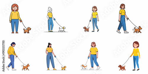 Collection of eight diverse women walking their small dogs or puppies on leashes, representing pet ownership, exercise, and companionship.