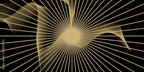 Vector golden line abstract background with gold wave on a black background for Christmas celebration party, New Year card, wedding, bachelorette party, baby shower party, birthday, casino.