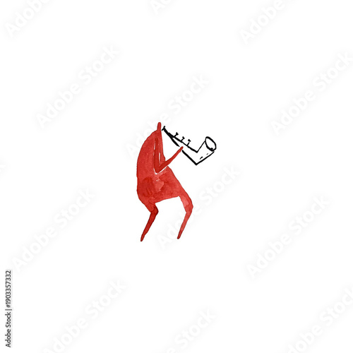 Watercolor people. Hand paint watercolor stick figure illustration. Red character people. Speech. Music man. Heart. Man with trumpet. Music festival.