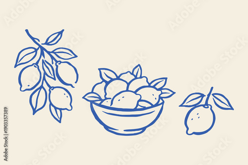 Lemons branch bowl doodle line art vector illustration