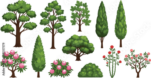 tree and bush icon set for landscape design. plant collection vector illustration. forest vegetation