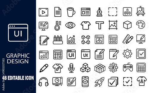 Graphic design web icons - UI, UX, music, games,   and blocks. Vector illustration