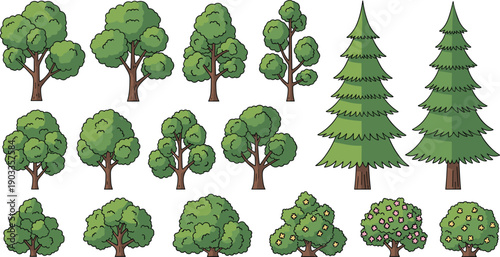 tree and bush icon set for landscape design. plant collection vector illustration. forest vegetation