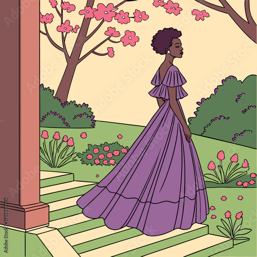 Woman walks down steps in a garden with pink flowers while wearing a purple dress during daylight hours Generative AI