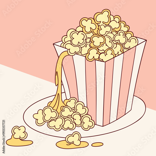 Popcorn spills out of a striped container onto a plate on a light pink background during a movie night with snacks Generative AI
