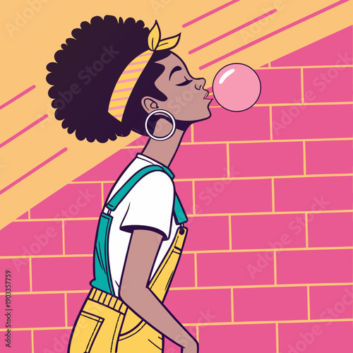 Young woman blows bubble gum while standing in front of a pink brick wall wearing sunglasses and a headband Generative AI