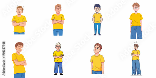 Collection of cartoon illustrations showing annoyed, angry, and frustrated young boys in casual clothing on a white background.