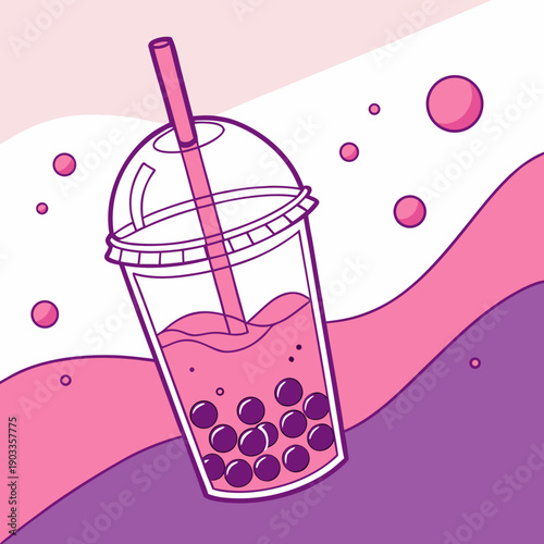 Boba tea drink with purple and pink background and straw in bright design Generative AI