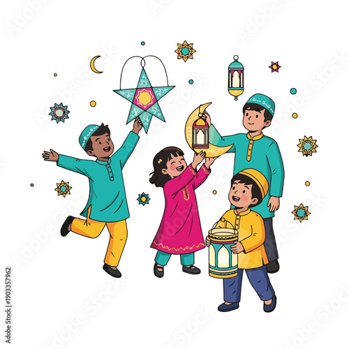 Cheerful diverse children celebrating a vibrant cultural festival with traditional lanterns, stars, and crescent moon decorations, embodying unity and joy