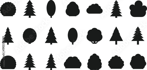 Black tree silhouette collection featuring various forest and garden plant shapes isolated on white background, nature vector icons for design use