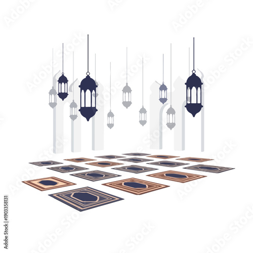 An elegant illustration of multiple prayer mats laid out, complemented by decorative hanging lanterns, symbolizing a tranquil Islamic gathering for Ramadan and Eid