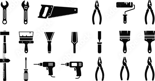 Hand tool silhouette collection featuring construction, repair, and painting equipment isolated on white background, industrial vector set for maintenance and design