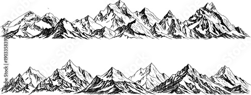 Hand drawn mountain range illustration set featuring detailed alpine peaks isolated on white background, landscape vector design for travel and natureHand 