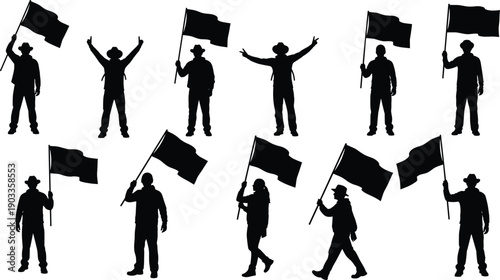 Protest people silhouette collection featuring standing and marching figures with flags isolated on white background, demonstration vector set for social concept