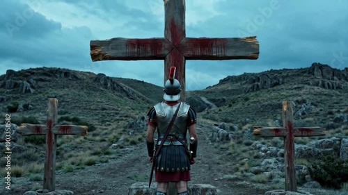 A roman soldier standing near holy cross after crucifixion. Generative AI