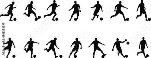 Soccer player silhouette collection featuring athletes dribbling ball in dynamic action poses isolated on white background, sports vector set