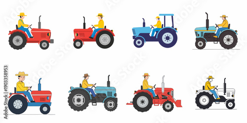 Vector illustration set of farmers operating eight different colorful agricultural tractors on a white background.