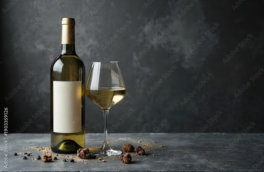 Obraz premium Bottle of white wine and full glass sit on dark stone surface. Crumbs and chocolates nearby suggest tasting or pairing event. Neutral background allows copy space.