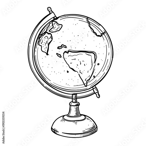 Globe World Map Vector Line Art Hand Drawn Illustration