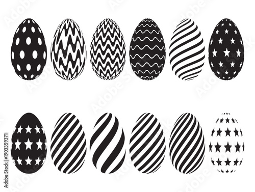 Collection of 12 unique easter eggs with various black and white patterns