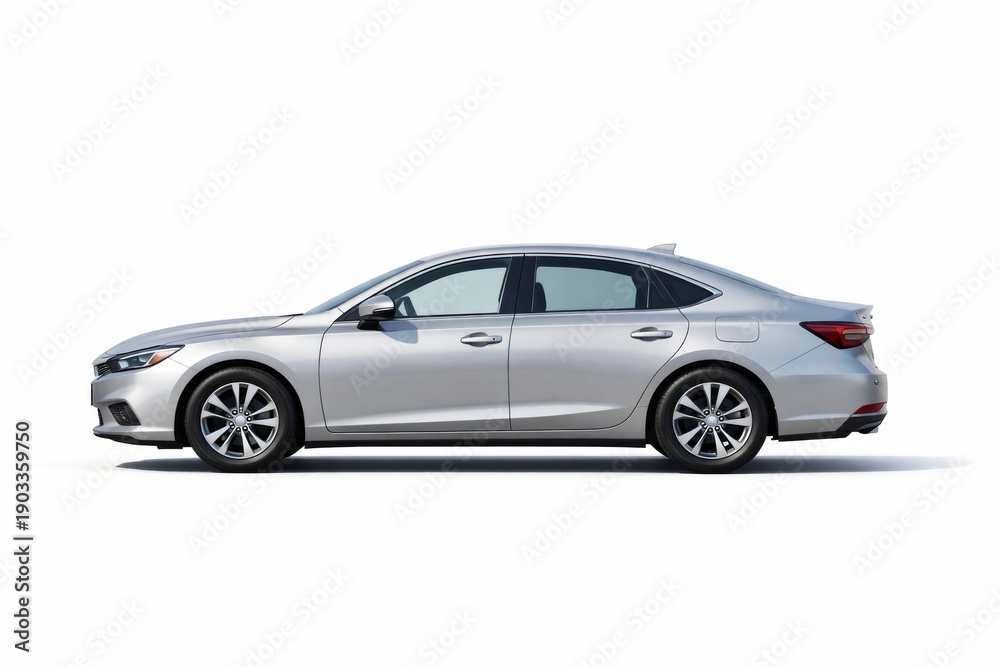 Fototapeta premium Sleek Silver Sedan in Profile View, Showcasing Its Modern Design and Elegant Lines