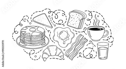 breakfast food icons, morning meal, bakery